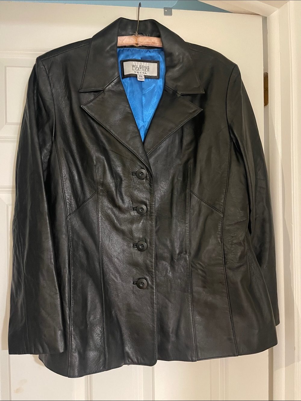 Wilsons Leather Black Leather Button-Front Blazer with Blue Lining